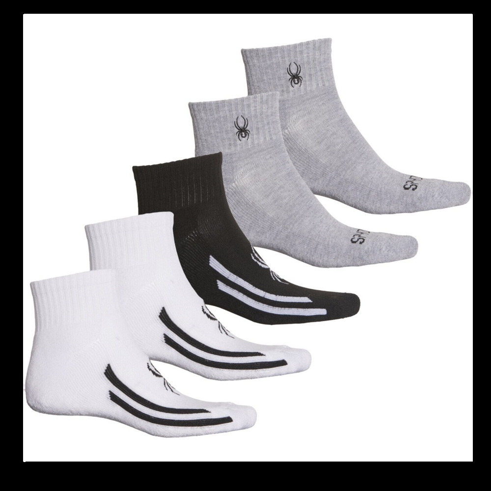 Spyder Men Stripe Quarter Socks 5 Pairs White Black Gray Shoe Size 6 -12 New Tag